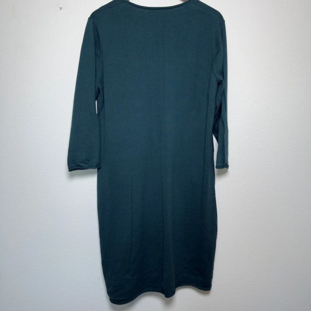 Gudrun Sjoden Women 100% Cotton Knit Dress XL Teal 3/4 Sleeve Pocket Lagenlook